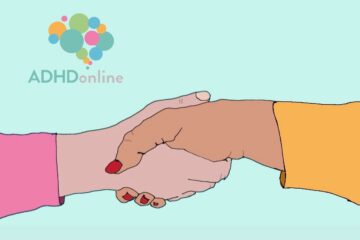 Illustration av ett handslag - symbol för trygg kontakt och samarbete med ADHDonline vid ADHD-utredning
